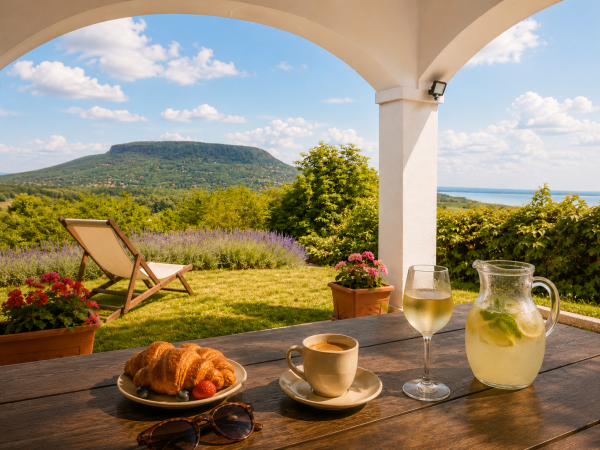 Napfényes terasz reggelivel, limonádés kancsóval, egy pohár fehérborral és nyugággyal a füves kertben, háttérben balatoni panorámával és a Badacsony látványával.